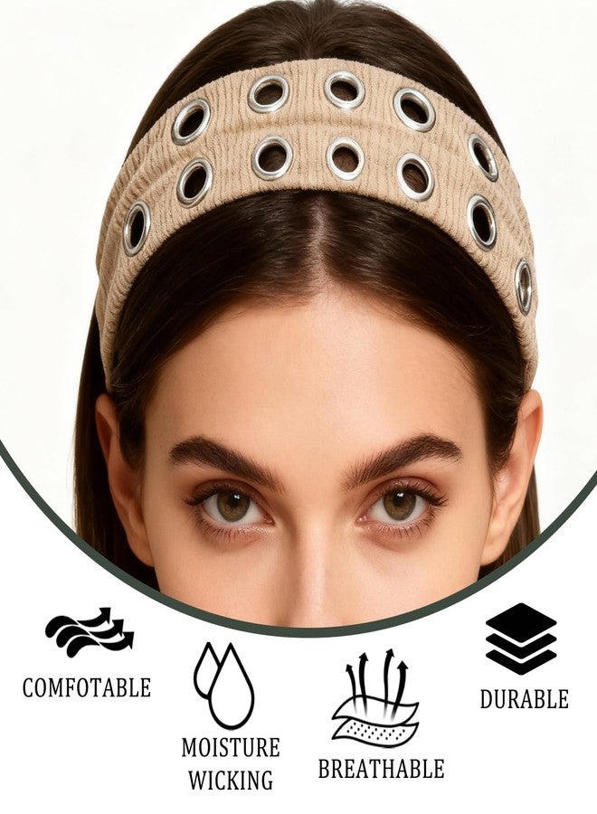 CZMZHFC Grommet Headband,Women Hollow Out Eyelets Elastic Hairband,Punk Style Rivets Headbands,Y2K Grunge Fashion Wide Head band,Stretchy Casual Hair Accessories for Women (3Pcs, Black+Green+Khaki) - Image 3
